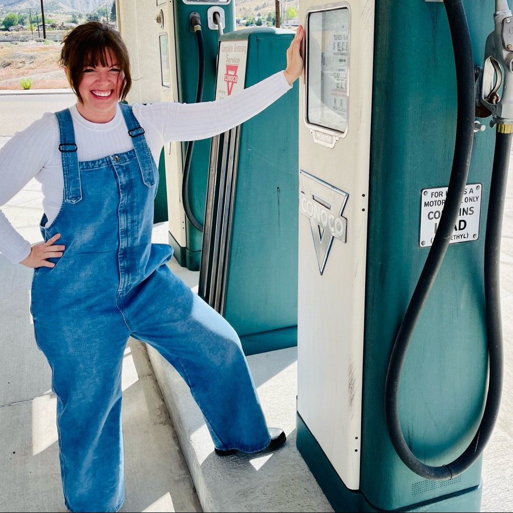 Oversized blue jean denim Womens overalls.